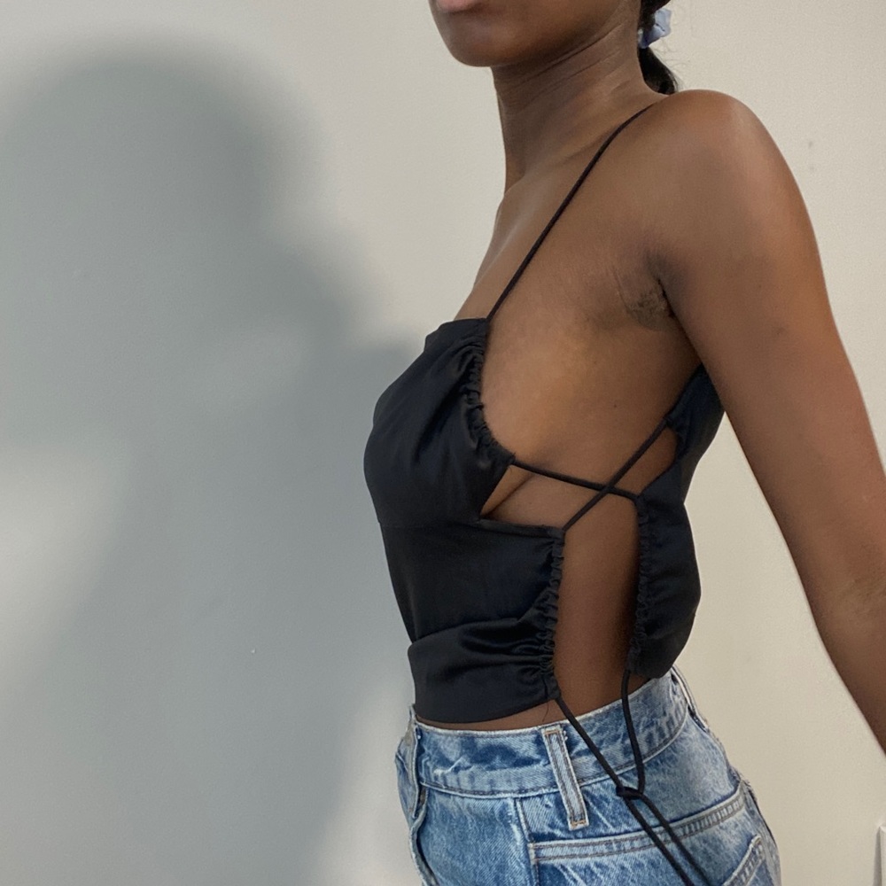 Satin Black Crop Top side boobs